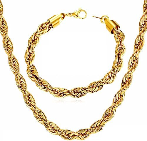 Cadenas De Titanium Enchapada en Oro Gold Plated Rope Necklace & Bracelet Set CA0011
