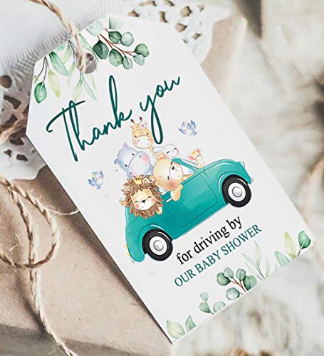 Thank You for Driving by Our Baby Shower Tags with String, Animal Car Nursery Tags, Pack of 50 Counts