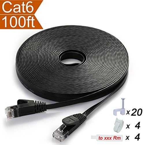 Flat Ethernet Cable Cat 6 100 ft Black with Snagless RJ45 Connectors - Slim Long Internet Network Cable Cat6 Computer Cable - at a Cat5e Price but Higher Bandwidth - 100 Feet (30 Meters)
