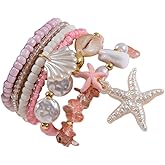 Pingyongchang Bohemian Stackable Shell Beaded Ankle Bracelets for Women Multi-Layer Seashell Gold Starfish Adjustable Handmade Summer Beach Holiday Accessories Gifts-Pink A