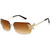 Dollger Rectangle Y2k Sunglasses for Women Fashion Rimless 2000s Square Brown Sun Glasses Butterfly 90s Cool Shades