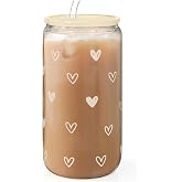 SANDJEST Heart 16oz Can Glass Tumbler with Acrylic Lid &amp; Straw, Iced Coffee Cup for Women, Aesthetic Cups Gifts for Birthday Christmas Valentine