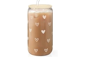 SANDJEST Heart 16oz Can Glass Tumbler with Acrylic Lid & Straw, Iced Coffee Cup for Women, Aesthetic Cups Gifts for Birthday 