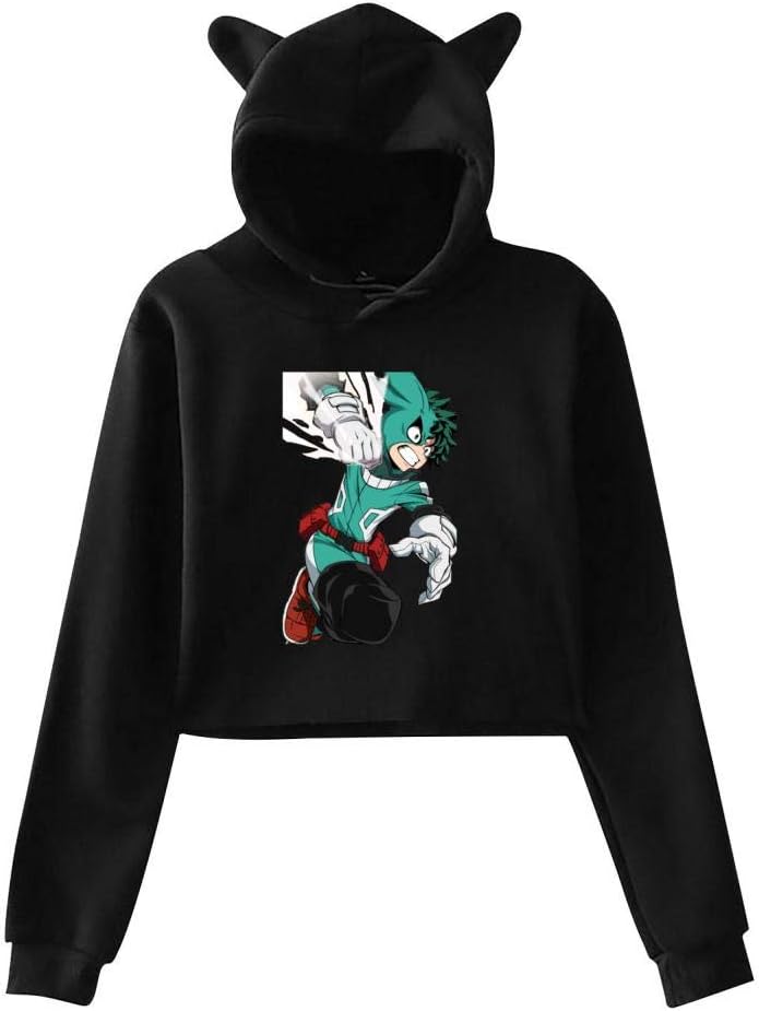 3D Print Womens Cute Cat Ear Crop Top Hoodie Midori Tanikyu MHA Crop Top Sweatshirt