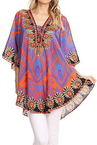 Sakkas P22 - Balloon Top Tallulah Wide Circle Blouse Poncho Top with Tie Neck Enclosure with Bead - 1705-Blue/Orange - OS