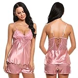 Ekouaer Nightgowns Womens Lace Up Back Satin Lace Pajamas Set (S-XL)
