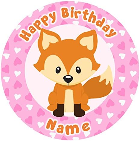 ND3 Pink Fox Birthday Personalised Round Cake Topper Approx 7.5" (or Smaller on Request) on Icing