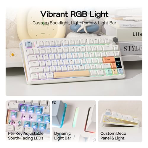 EPOMAKER TH80 V2 PRO Wireless Gaming Keyboard with Screen&Knob, 10000mAh, 2.4Ghz/BT/USB-C, RGB, Hot Swap, Custom Driver, NKRO, PBT Keycap, Mechanical Keyboard for PC/Mac (White, Creamy Jade)