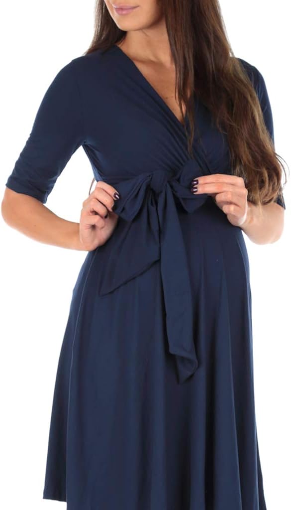 Mother Bee Maternity Women's Knee Length Wrap Dress with Belt for Baby Shower or Casual Wear at  Women’s Clothing store
