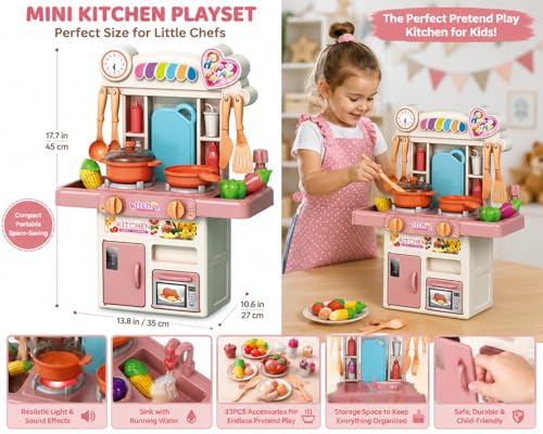 R REVA Mini Kitchen Playset for Kids Ages 3-8, 33PCS Compact Tabletop Pretend Play Cooking Set, 45cm Tall with Water Circulation Sink, Light & Sound Effects, Cookware & Food Accessories