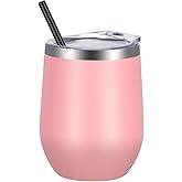 VEGOND 12oz Stainless Steel Wine Tumbler with Lid and Straw, Double Wall Vacuum Insulated Stemless Wine Glass Tumbler Cup, Coffee Mug for Cold Hot Drinks