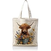 WDSXWH Highland Cow and Flower Canvas Tote Bag, Highland Cow Lover Gift, Reusable Grocery and Shoulder Bag for Women for Shopping Work Travel Beach, Animal Themed Totes