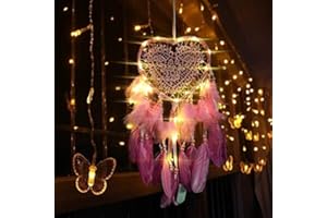 LJJPMLLPZ Skreened Christmas Lights，Fashion Handmade LED Light Dream Catcher with Feather Love Heart Dream Catcher Night Light Home Bedside Wall Hanging Home Party Wedding Decoration Gift (Pink)