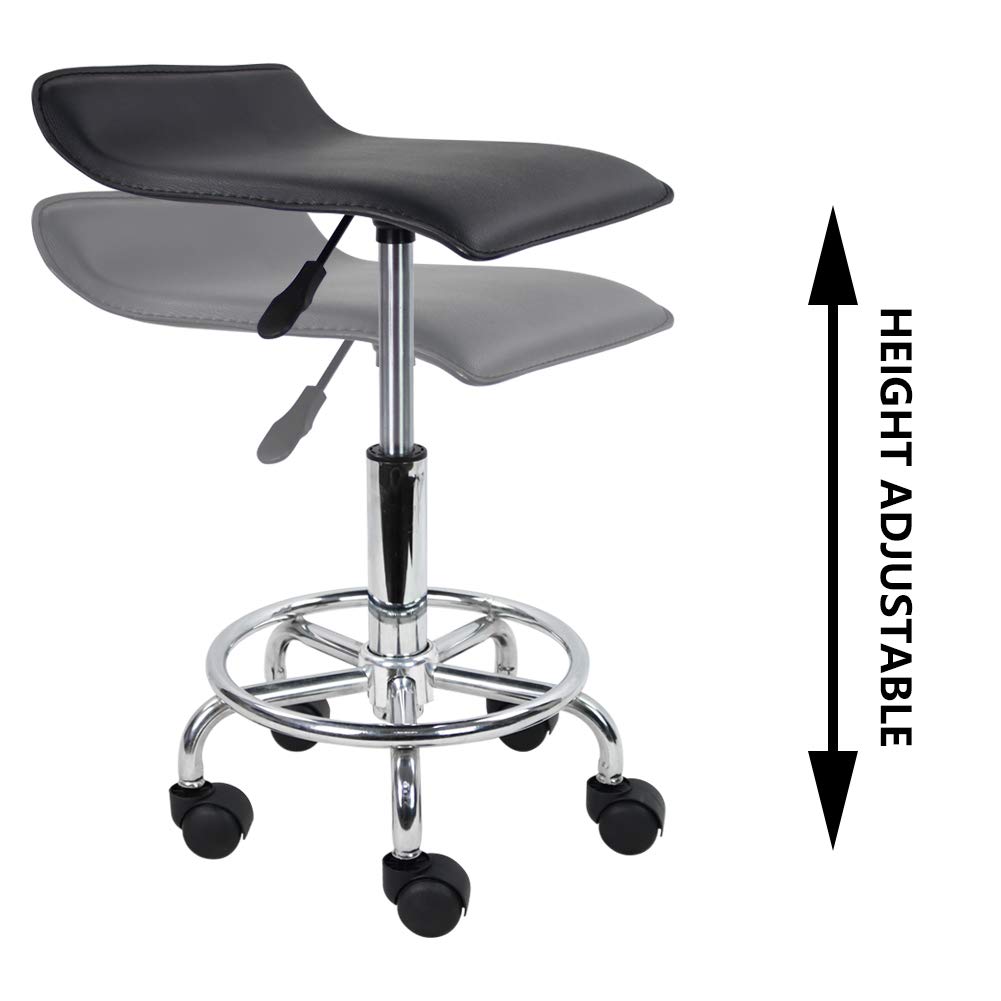 KKTONER Square Height Adjustable Rolling Stool with Foot Rest PU Leather Seat Cushion Medical Spa Drafting Salon Tattoo Work Swivel Office Stools Task Chair Black: Beauty