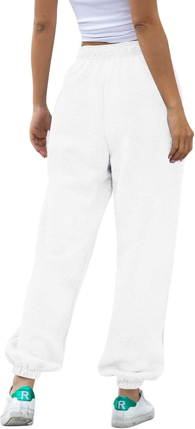 Meladyan Women's Solid Baggy Joggers Sweatpants Elastic High Waist Active Pants with Two Pockets: Clothing