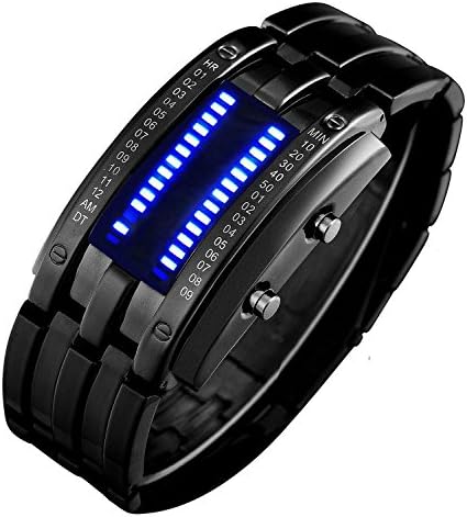 JSC luck Binary Matrix Blue LED Digital Waterproof Watch Mens Classic Creative Fashion Black Plated Wrist Watches
