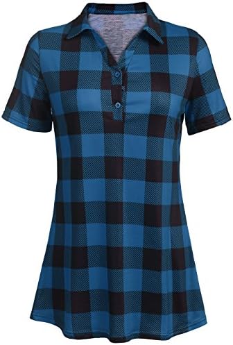JQstar Women's Short Sleeve V Neck Casual Loose Plaid Polo Tunic Shirt Top