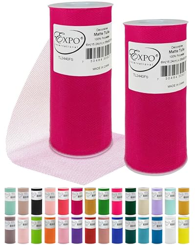 Expo International Decorative Matte Tulle, Lightweight Polyester Tulle Fabric for Tutus, Costumes, and Party Decorations, Washable, Easy-to-Use, 6 Inch x 25 Yards (Pack of 2), Fuchsia