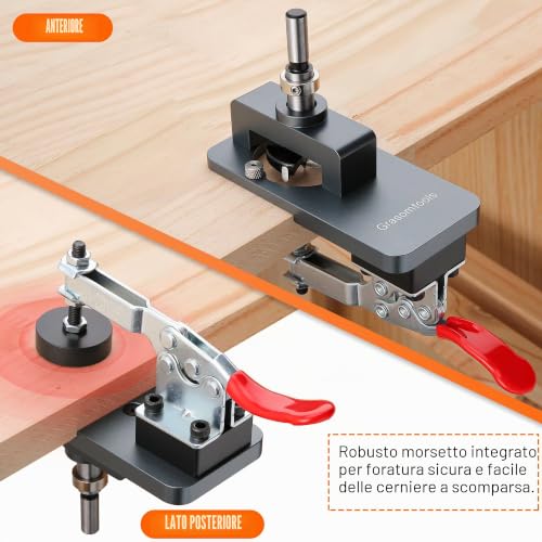 35MM Metal Hidden Hinge Temple with Quick Clamp, Accurate Locator Guide for Hole Punching, Professional Woodworking Tool for Hinge Mounting