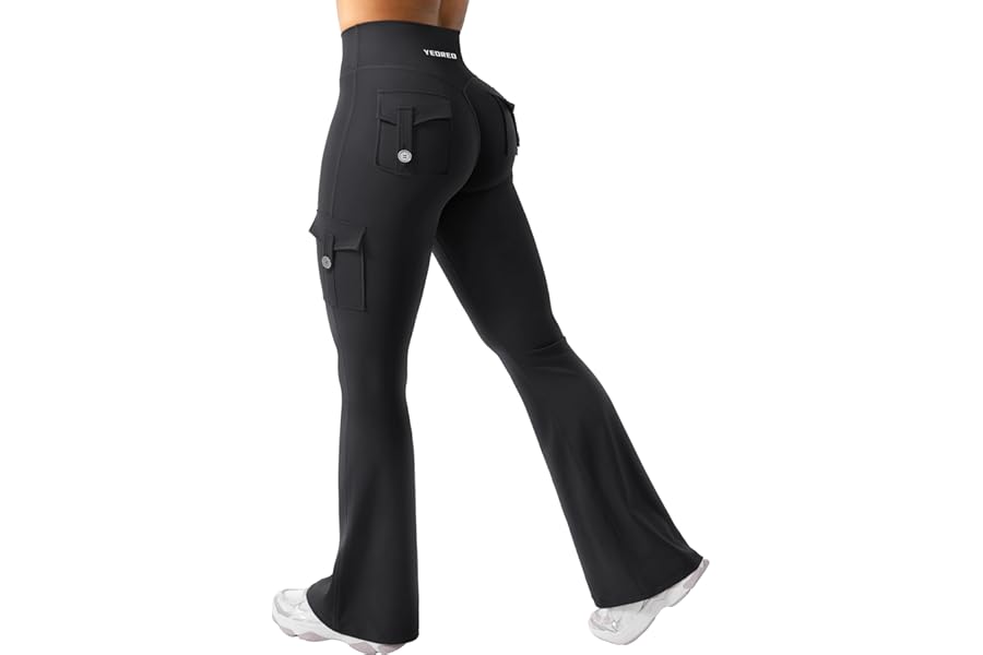 YEOREO CoreFlex Women Workout Flare Leggings | Hidden Scrunch, High Waisted, Cargo Pockets, Gym, Yoga, No Front Seam, Buttery Soft, 28"/30"/32"/34"