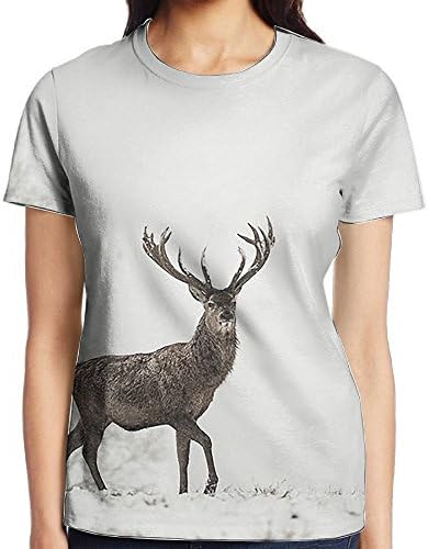 FJPUTAIN Women's Crew Neck Casual T Shirt Red Deer Stag In Snow Comfort Soft T-Shirt Short Sleeves Creative 3D Printed Graphic