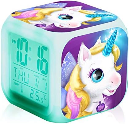 Unicorn Digital Alarm Clocks for Girls, LED Night Glowing Cube LCD Clock with Light Children Wake Up Bedside Clock, Birthday Gifts for Kids Women Adult Bedroom