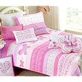 Cozy Line Home Fashions 6 - Piece Quilt Bedding Set, Pink Butterfly Bedspread, Coverlet, 100% Cotton, Gifts for Girl Kids (Queen - 6pc: 1 Quilt + 2 Shams + 3 Decorative Pillows)