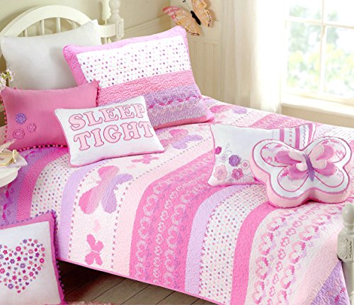 Cozy Line Home Fashions Butterfly Bedding Quilt Set, 3D Print Pattern Pink Orchid Light Purple Heart Dot 100 % COTTON Bedspread Coverlet for Kids Girl NEW Arrival(Butterfly Knit, Full/Queen - 3 piece)