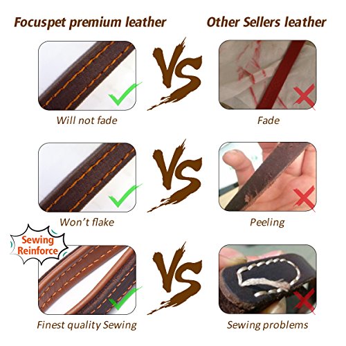 FOCUSPET Heavy Duty Leather Dog Leash with 2 Handles,Padded Traffic