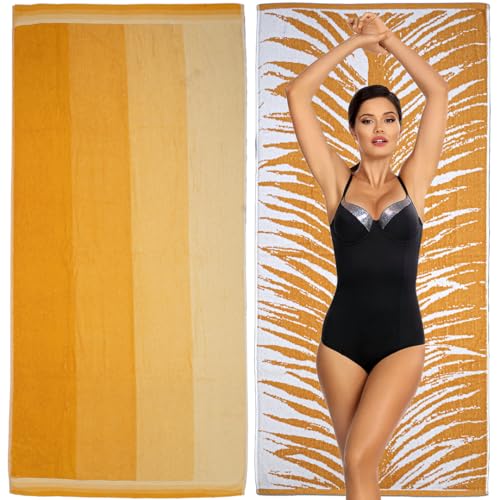 SweetNeedle Topical Palm Beach Towels for Adults, Pack of 2, Golden and Bright Yellow, 100% Ring-Spun Cotton Towel, Quick Dry, Low Fluff, Super