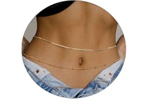 Rotnso Body Chain 2PCS 14K Gold Plated Dainty Boho Waist Bead Chain Layered Cuban Beach Belly Chain Adjustable Bikini Satellite Bead Body Jewelry for Women Sexy Gift