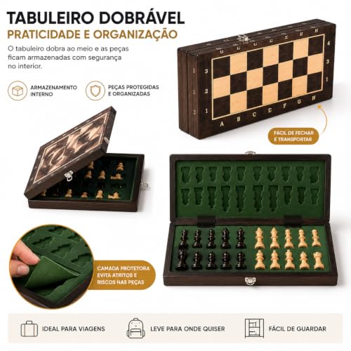 Jogo de Xadrez Magnético em Madeira Dobrável Premium 29cm | Tabuleiro Portátil com Armazenamento Interno | Peças Magnéticas | Jogo de Estratégia para Crianças e Adultos.