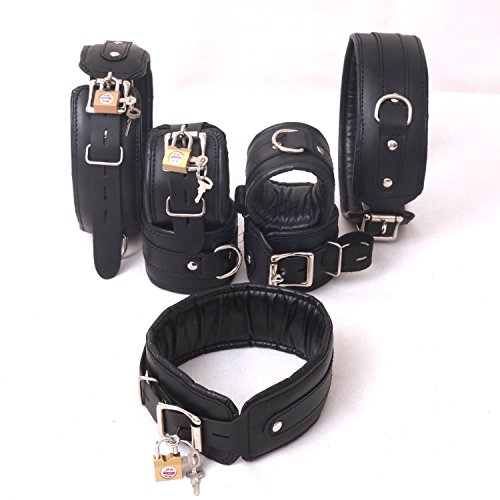 Natural Cow Hide Leather Wrist, Ankle & Thigh Cuffs and Neck Collar Set 7 Pieces Padded Cuffs Real & Authentic Leather Black