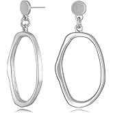 YKKZART Stud Earrings for Women 14k Gold Plated Geometric Dangle Earrings Lightweight Minimalist Handmade Hammered Texture Oval Disc Drop Double-layer Big Hoop Dangle Earrings for Women