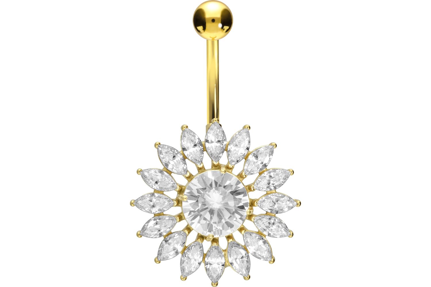 PIERCINGLINE Surgical Steel Belly Bar Banana Barbell with Brass Design Sun Crystal - Gold-Coloured