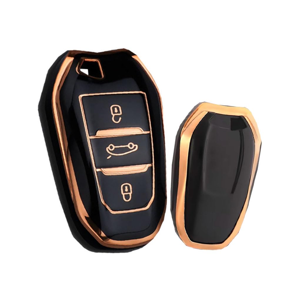 HIBEYO Smart Car Key Case Fits Peugeot 301-307-308-408-2008-3008-5008 Key Cover TPU Protective Case for Citroen C4L-C3-C5-DS5LS for Opel Grandland Key Shell 3-Button Gold Black