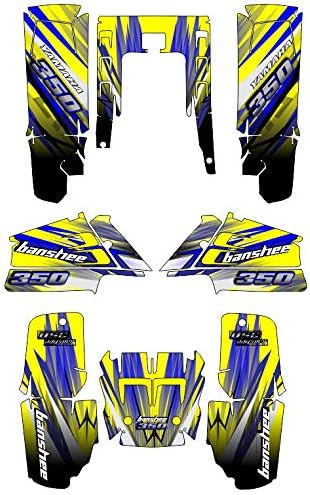 Custom MX red black vinyl decal MOTO-X graphics sticker Kit (not OEM). Compatible with YAMAHA BANSHEE 350, years 1987-2005, YELLOW BLUE LINES.