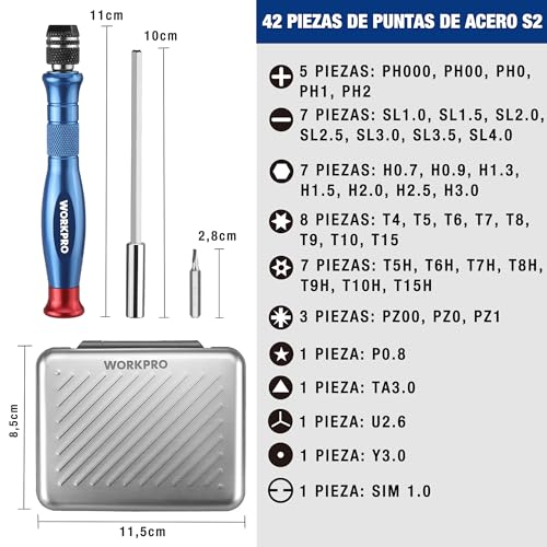 WORKPRO 44 in 1 Precision Screwdriver Set | Kit with 42 S2 Tips and Aluminium Case, for Electronics, Phones, PC and Watches