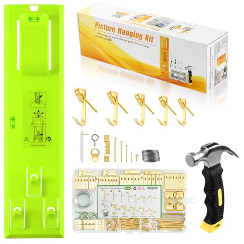 Stalishare Picture Hanging Kit, Goodsnova Picture Hanging Tool with Level for Easy Marking Position, Including 218PCS Instaframe Hanging Kit with Hooks, Nails, Wires, Hammer for Art/ Photos (Green)