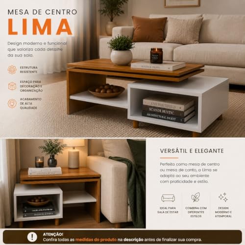 Mesa de Centro Lima multiuso para Sala de Estar com Nicho Organizador e Prateleira Decorativa – Design Moderno e Funcional.