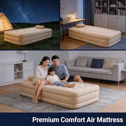 Single Air Mattress with Built-in Pump, Portable Inflatable Bed, Blow Up Mattress for Camping Travel Home Guests, 191 * 100 * 40Cm Beige