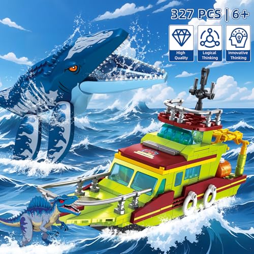 Dinosaur Explorers Ocean Building Set 3 in 1 Compatible with Dinosaur Park World, Boat & Dinosaurs Mosasaurus Spinosaurus with Articulated Joints, Toy Children 6-12 Years Old