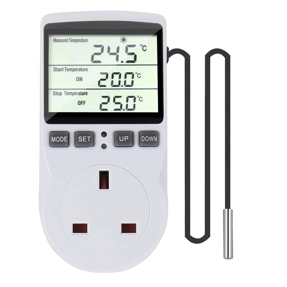 Lotvic Digital Temperature Controller, Thermostat Plug Socket, LCD Screen Heating Cooling Temperature Switch, Heating Cooling Timer for Homebrew Greenhouse Reptile Terrarium Home (UK Plug)