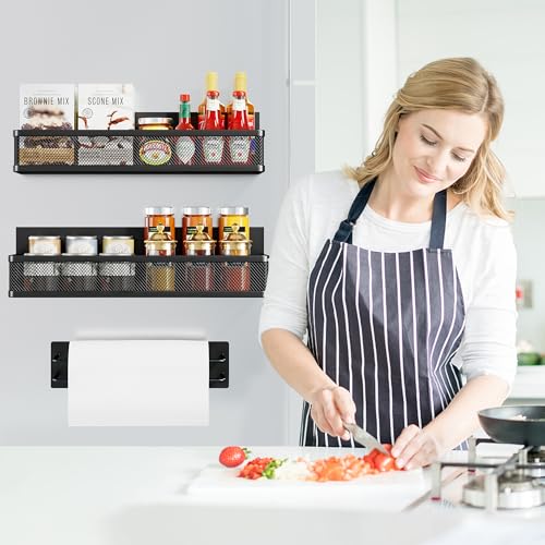 Highpro 3 Pack Magnetic Spice Rack for Refrigerator, Magnetic Refrigerator Organizer with Paper Towel Holder, Strong Magnetic Fridge Shelf for Refrigerator Microwave Oven Kitchen Organization