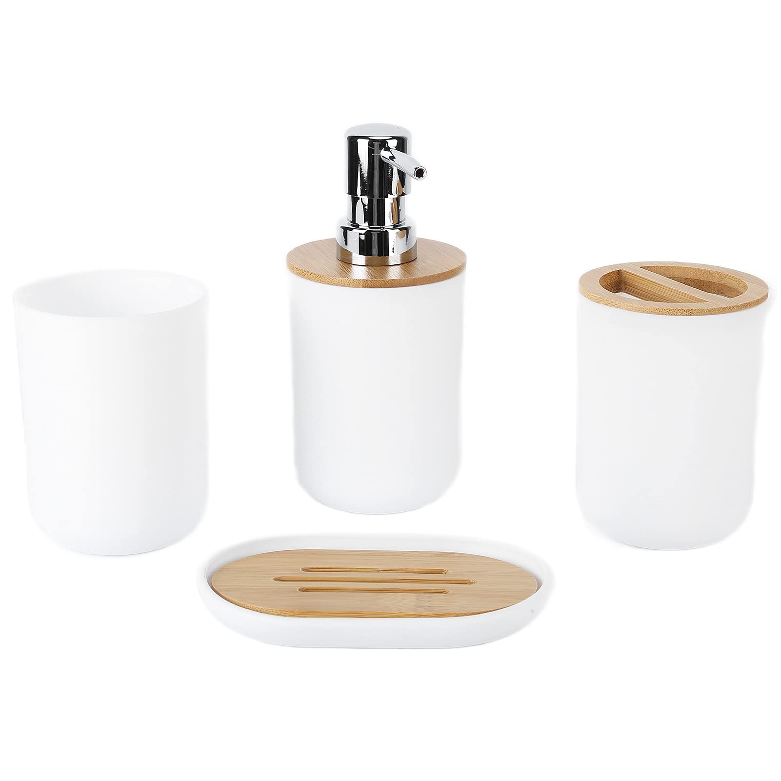 RANNYY Bathroom Set,4Pcs Bathroom Accessory Set Bamboo Waterproof Durable Gift Toothbrush Cup for Home Hotel(White)