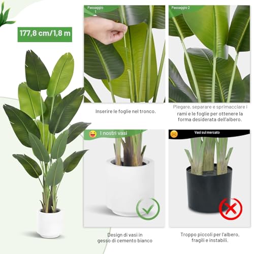 ZEEOZE Artificial Bird of Paradise Plant 180 cm High Fake Tropical Palm Tree for Indoor Outdoor with 13 Leaves Banana Tree Indoor Fake Tree with White Asus for Bed Garden Office Decoration