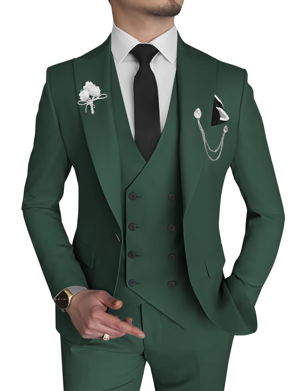 Photo 1 of Wangyue 3 Piece Mens Suit Slim Fit Double Breasted Suit Formal Dark Green Suits for Men Wedding Groomsman,S