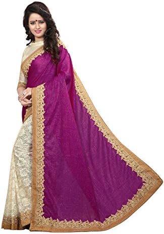 Odhni Women's Indian Bollywood Embroidered Magenta Cream Velvet Cotton Saree