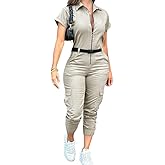 CHICME Women's Short Sleeve Jumpsuit Turn Down Collar Casual Zip Up Jumpsuits Pocket Design Cargo Romper