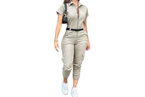 CHICME Women's Short Sleeve Jumpsuit Turn Down Collar Casual Zip Up Jumpsuits Pocket Design Cargo Romper